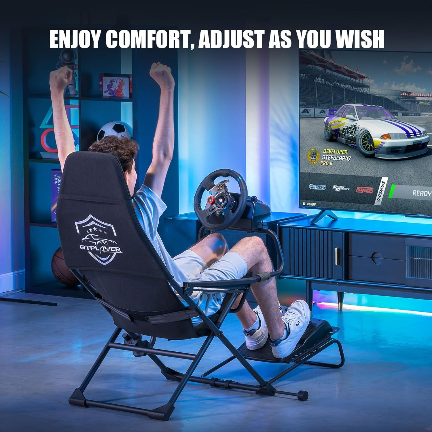 GTPLAYER Sim Racing Cockpit Foldable & Adjustable for High Performance Sim Racing Compact & Flexible Supports All Steering Wheels & Pedals for PC and Console Actifit Edition, Black