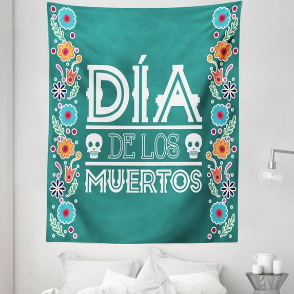 Dia de los Muertos Tapestry, Skull Shapes and Vertical Flower Petals Typographic Print, Fabric Wall Hanging Decor for Bedroom Living Room Dorm, 5 Sizes, Dark Cadet Blue and White, by Ambesonne