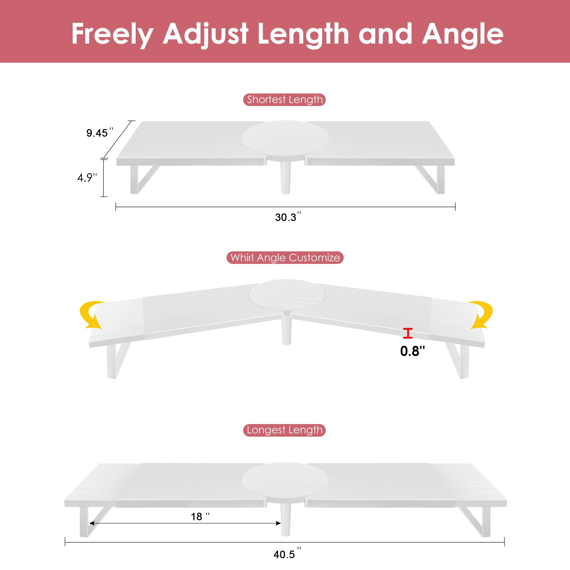 Dual-monitor Stand For Desk - Large Adjustable Length And Angle Riser 2 Monitors  Double Computer Desktop Organizer Shelf Tv Laptop Printer