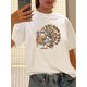 thumbnail image 1 of Camiseta de mujer estilo vintage, 100 % algodón, cuello redondo, manga corta y estampado geométrico de pavo. Camiseta informal de punto para verano. Lavable a máquina. Estilo retro. Textura brillante., 1 of 6