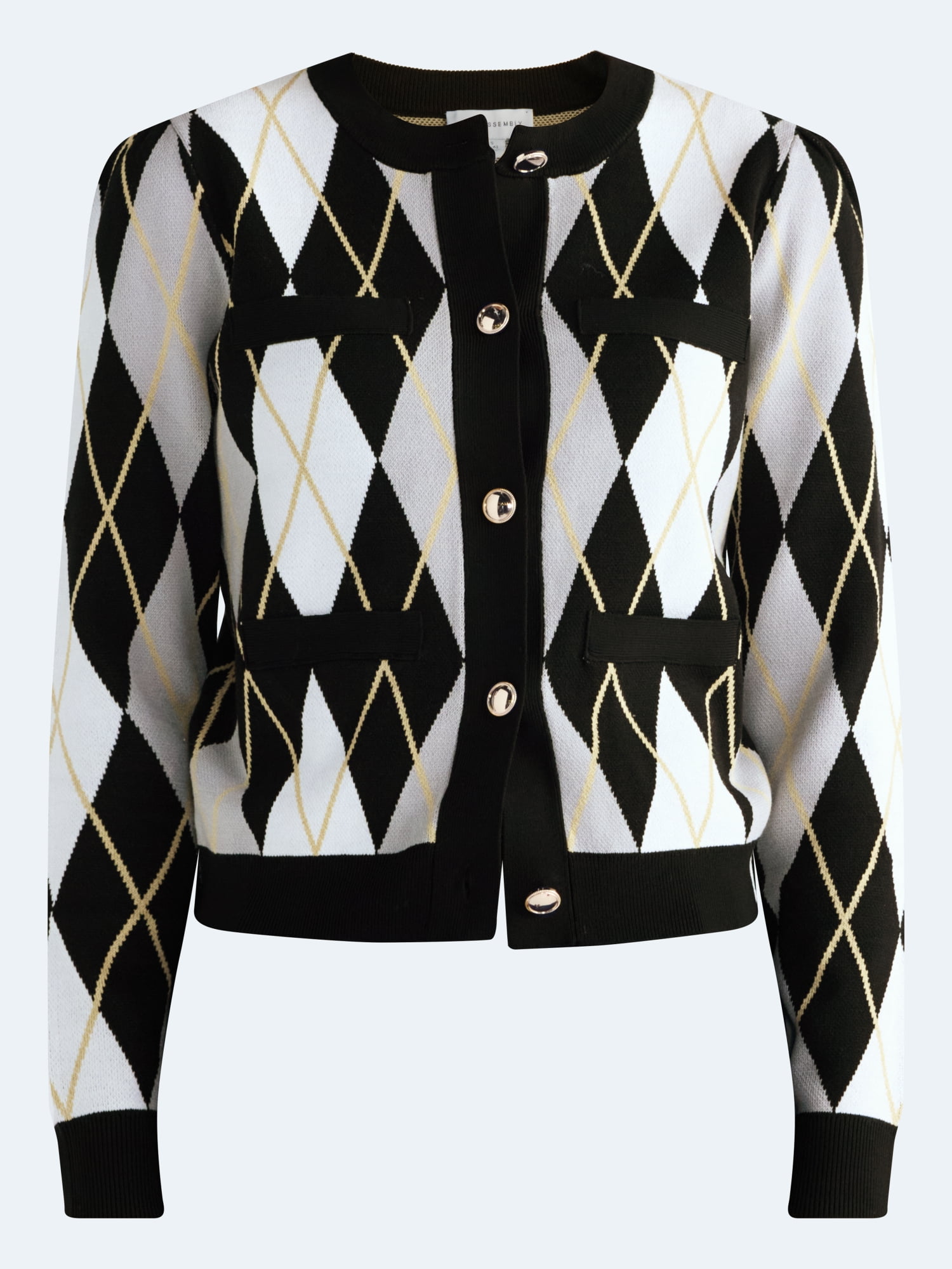 Free Assembly Women's and Women's Plus Argyle Cardigan Sweater with Puff Sleeves, Midweight, Sizes XS-4X