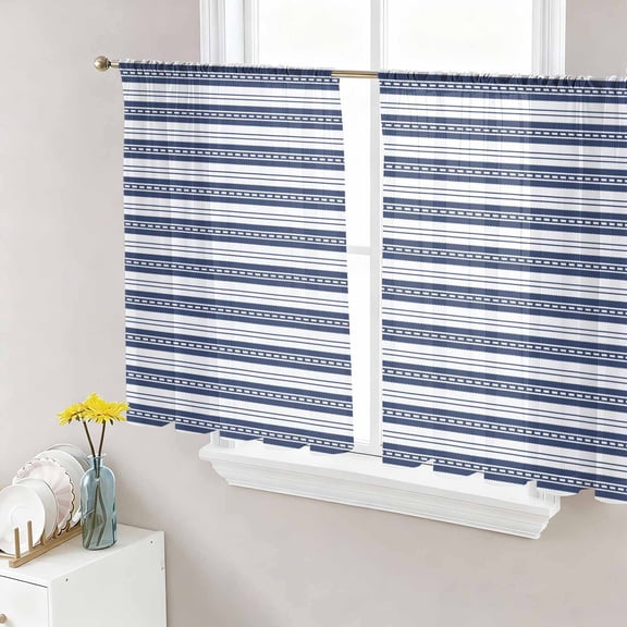 Navy Blue Striped Semi Sheer Curtains 45 Inch Length 2 Panels Set, Farmhouse Striped Geometric Art Sheer Kitchen Curtain Privacy Voile Window Curtain for Living Room Bedroom Rod Pocket Drapes