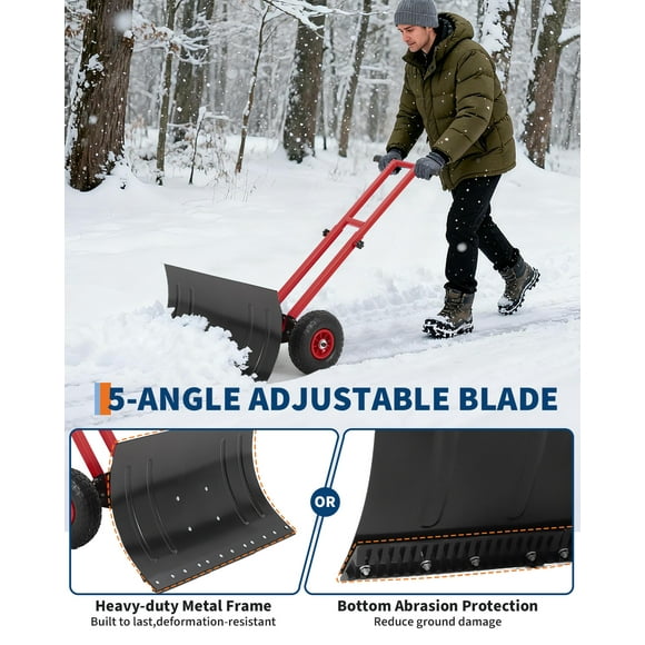 Rolling Snow Shovel with Wheels – Heavy Duty 29x16.5" Metal Blade – 7-Position Angled, Height Adjustable Ergonomic Handle – Snow Pusher for Driveway, Sidewalk & Pavement