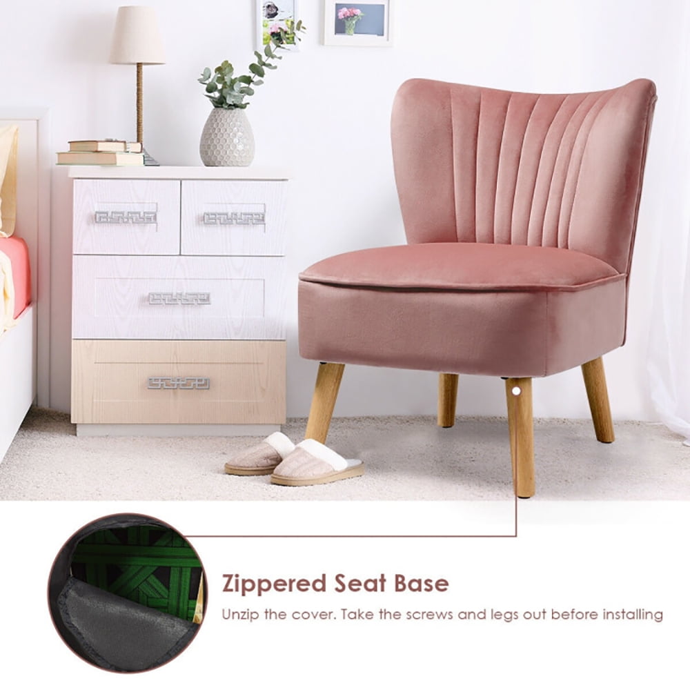 Finihen Velvet Accent Chair, Modern Armless Velvet Accent Chair with Wood Legs, Thickly Padded, Armless Wingback Club Chairs for Living Room, Bedroom, Pink