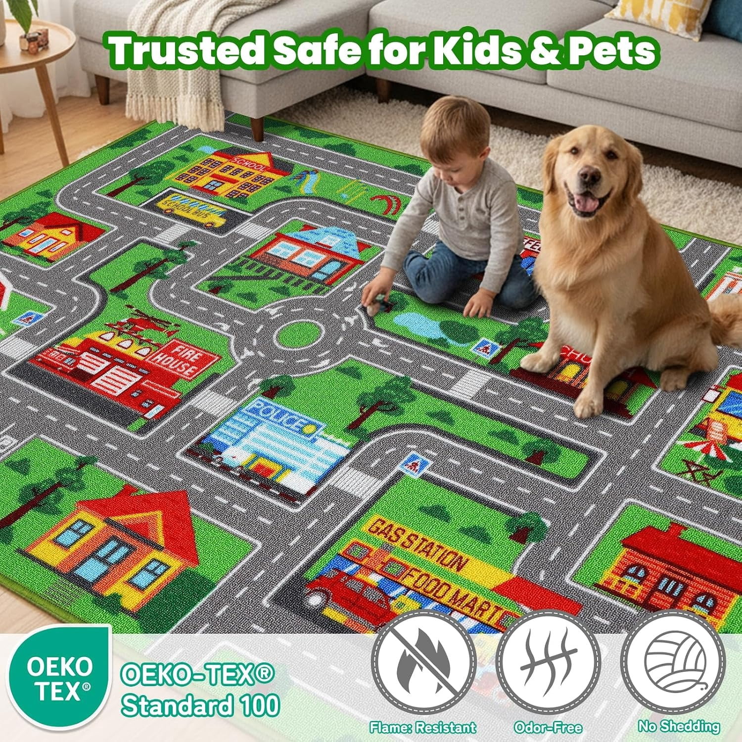 Kids Carpet Playmat Rug6.6'x5', Car Rug for Kids Cars, Non-Slip Town City Road Map Kids Rug for Playroom Bedroom Boys, Kids Car Mat Road Rug, Track Rug Car Play Rug for Kids