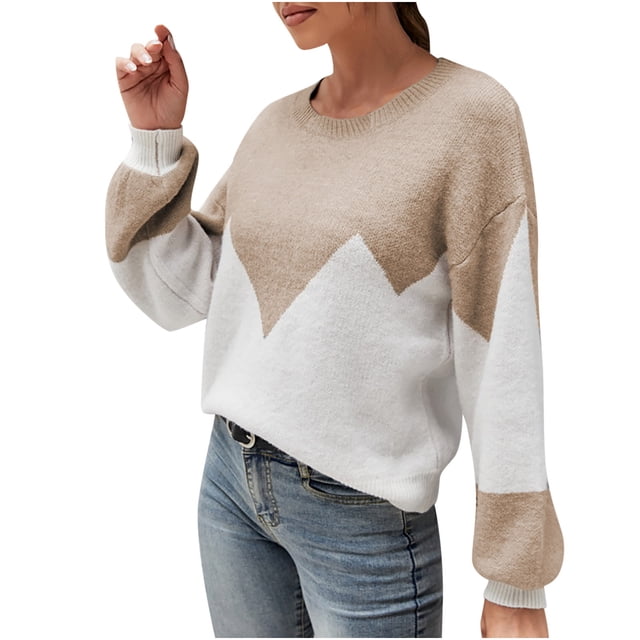 IROINID Chandail pour Femmes Col Rond Chandail Bloc de Couleur Ample Longueur Courte Manches Longues Tricot