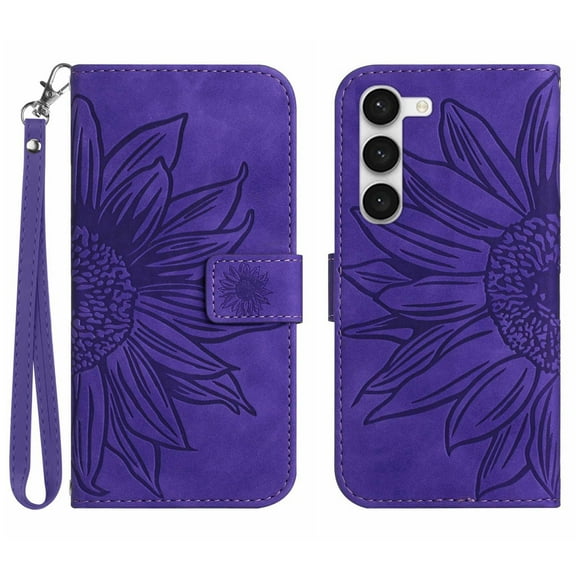 Allytech for Samsung Galaxy S23 5G Case 2023, Embossed Sunflower PU Leather & TPU Anti-Scratch Shockproof Magnetic Button Protective Kickstand Case for Galaxy S23 (6.1 inch), Darkpurple