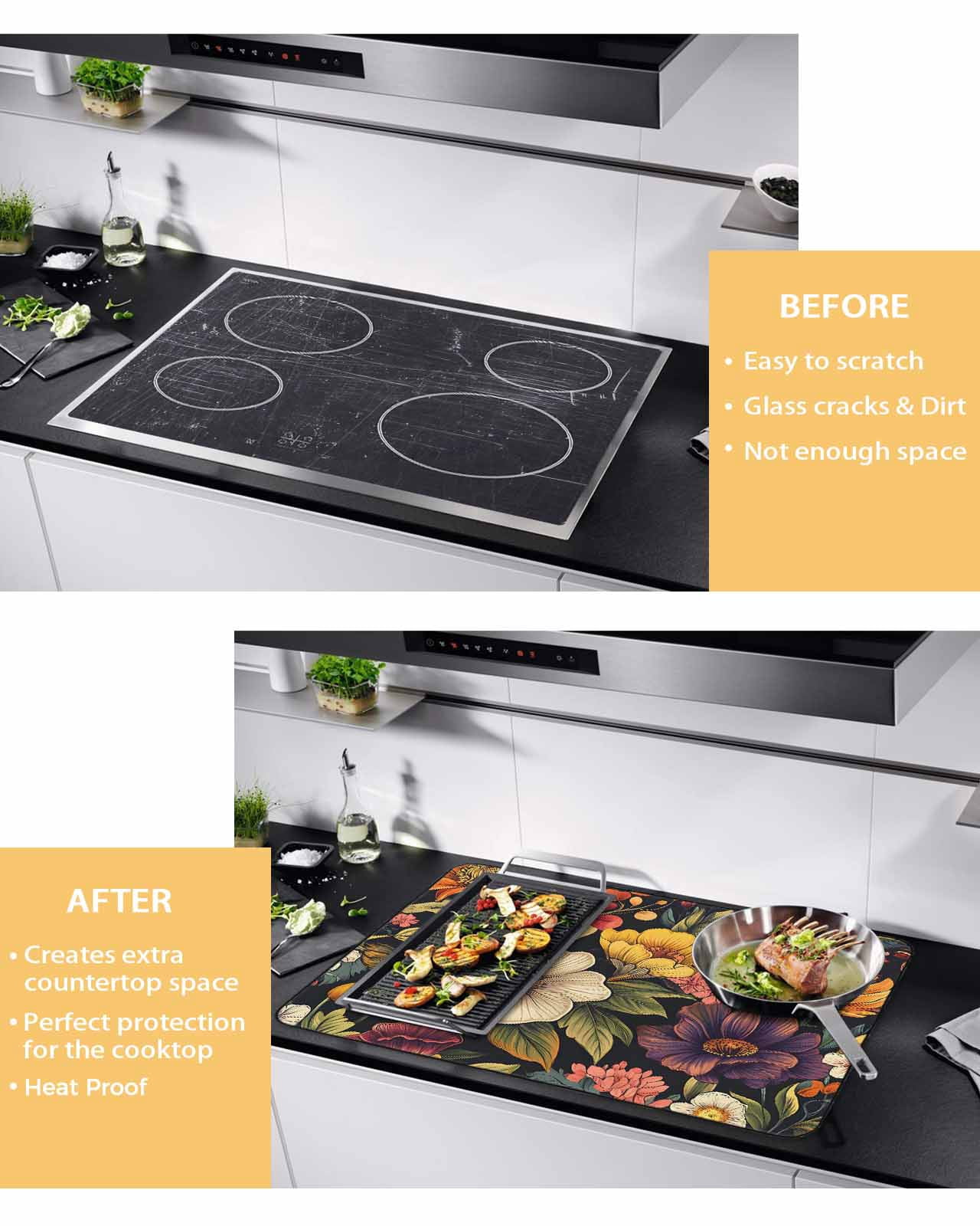 nqOlkjepod Large Induction Cooktop Protector Mat 24"x21", Orange Flower Stove Top Covers for Electric Stove, Sunflower Watercolor Plant Floral Leaf Stove Burner Cover Mats, Glass Top Stove Cover