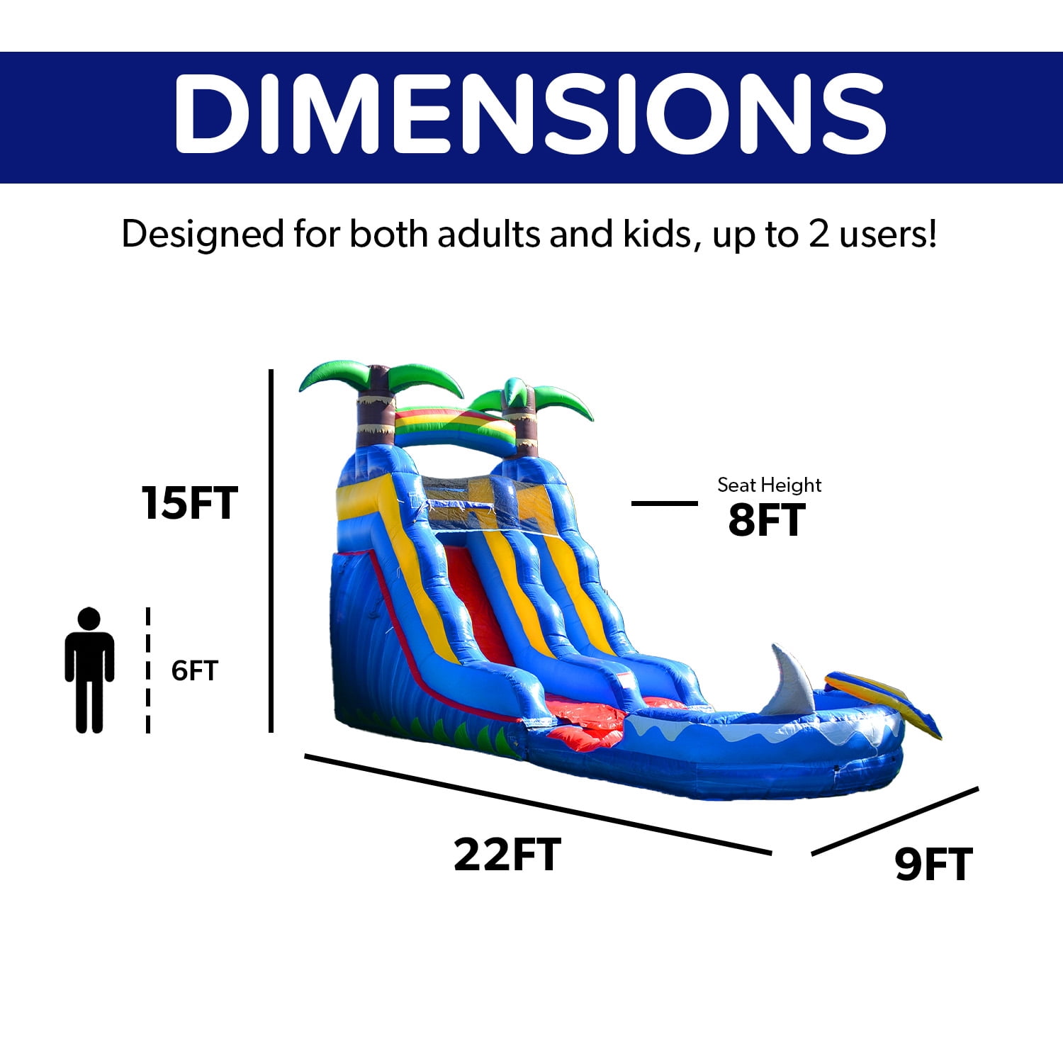 HeroKiddo 15’ Ocean Shark Commercial Grade Water Slide with Splash Pool for Kids and Adults (with Blower), Wet Dry Combo, Big Inflatable, Outdoor Indoor, Birthday Party Rental