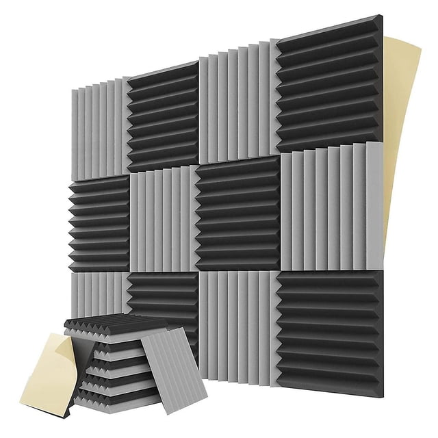 12 paneles acústicos autoadhesivos, paneles de espuma a prueba de sonido de 1 x 12 x 12 pulgadas, para estudio musical, sala de juegos, dormitorio (negro + gris)