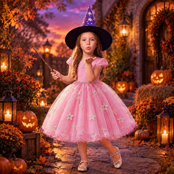 Girls Halloween Star Print Witch Dress Tutu Gown With Rhinestone Belt For Halloween Party