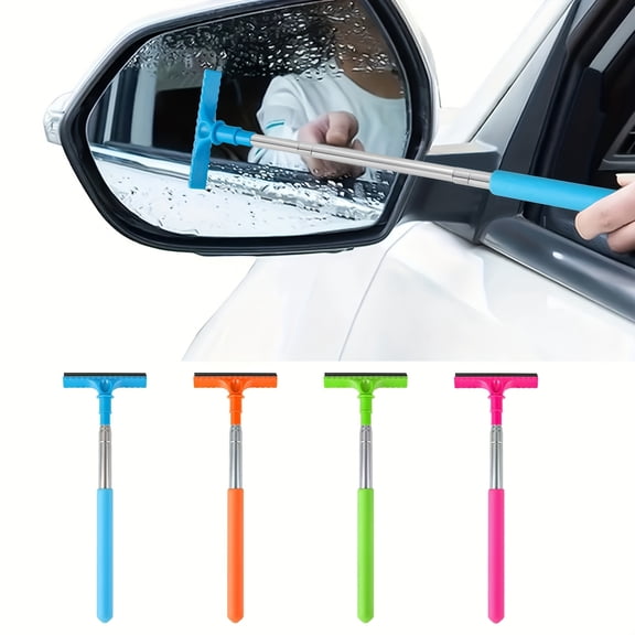 Window Squeegee, SqueegeeforCar Windows, Stainless Steel, Extendable Pole, Sky Blue, 1 Pc, Water Removal, Auto Glass, Side Mirror Scraping