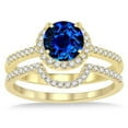 thumbnail image 2 of Art Deco 6mm Round Cut 2 Carat Blue Sapphire And Moissanite Diamond Halo Bridal Set Engagement Ring on 10k Yellow Gold, 2 of 2