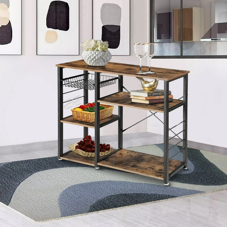Benjara Wood and Metal Bakers Rack with 4 Shelves and Wire Basket Brown and Black