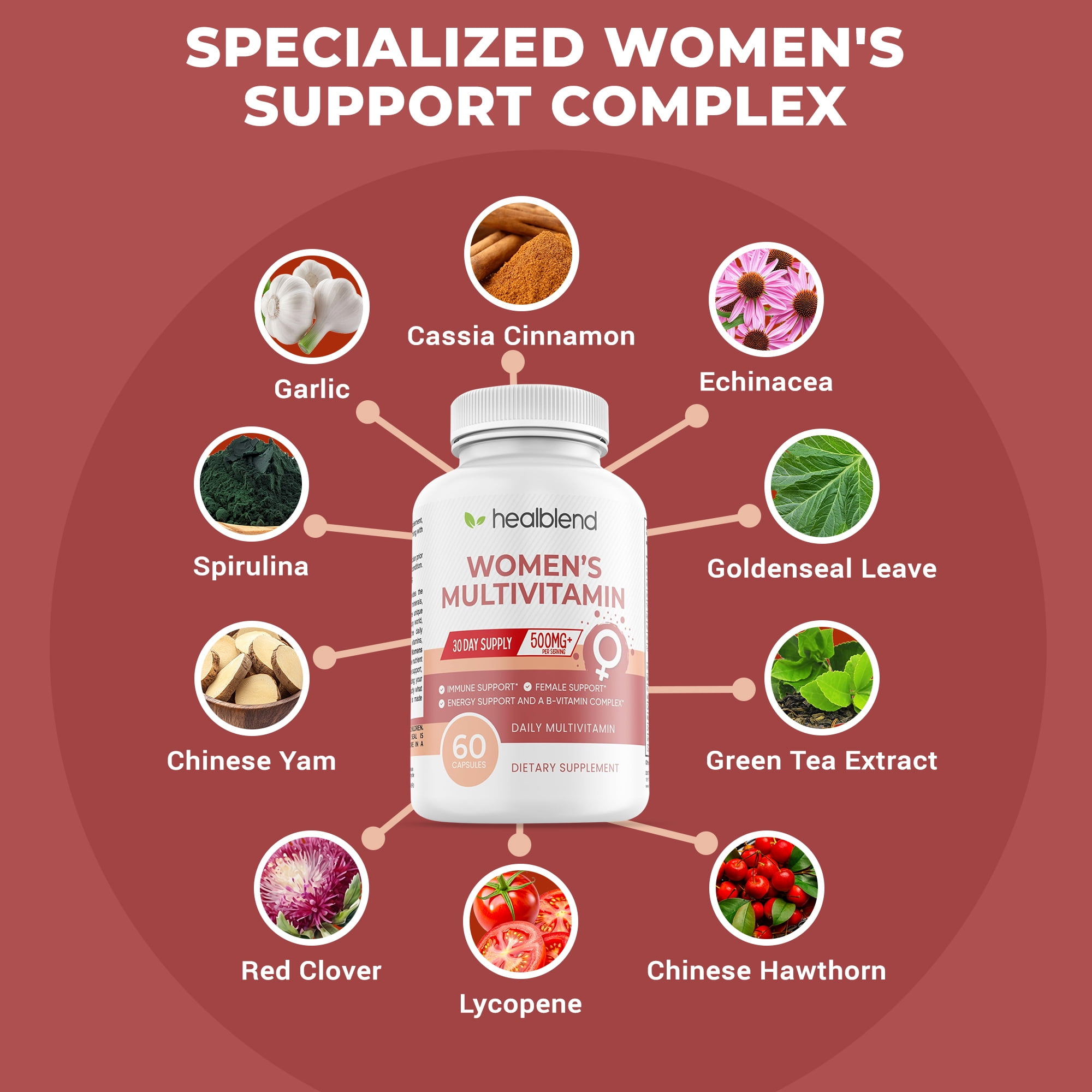 Healblend Women’s Multivitamin – Energy, Antioxidant & Hormonal Support with B-Complex, Wild Yam, Green Tea & Pomegranate – 60 Capsules (3 Pack)