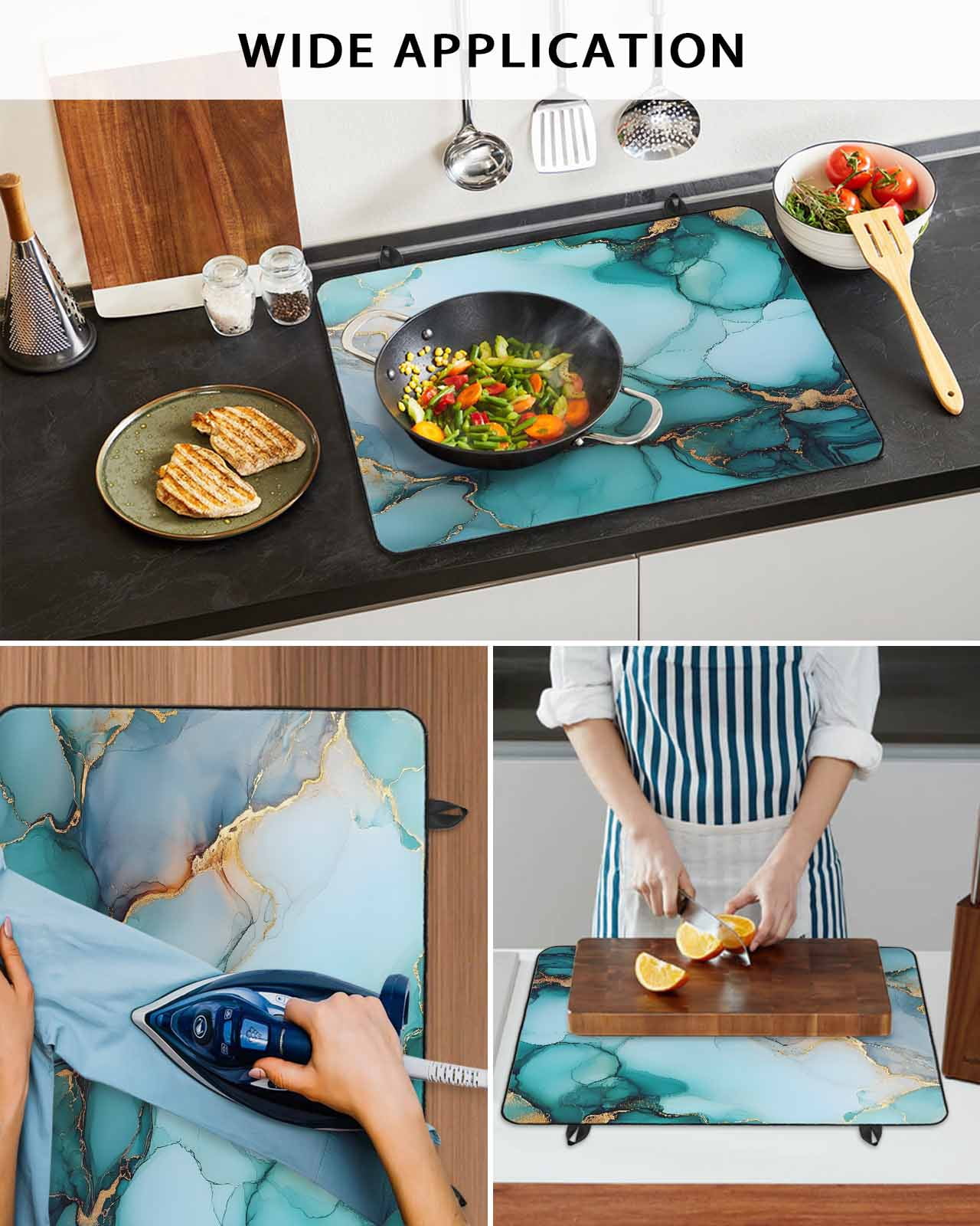 nqOlkjepod Large Induction Cooktop Protector Mat 24"x21", Marble Turquoise Gold Stove Top Covers for Electric Stove, Abstract Simple Geometric Stove Burner Cover Mats, Glass Top Stove Cover