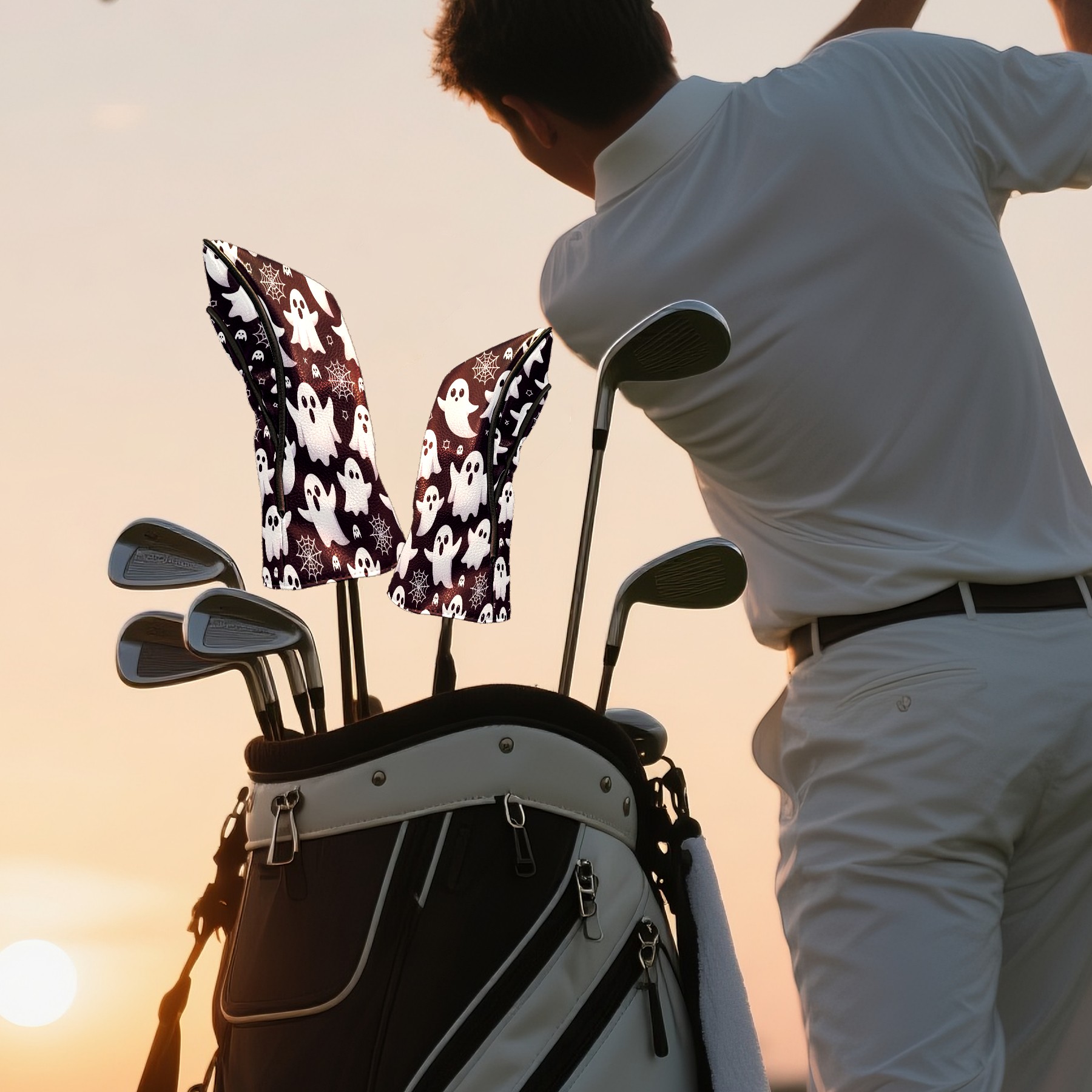 Golf Club Covers, Purple Ghost Snow Premium PU Leather Driver Hybrid Putter Head Covers with Velvet Lining, Waterproof Golf Gifts for Men Women