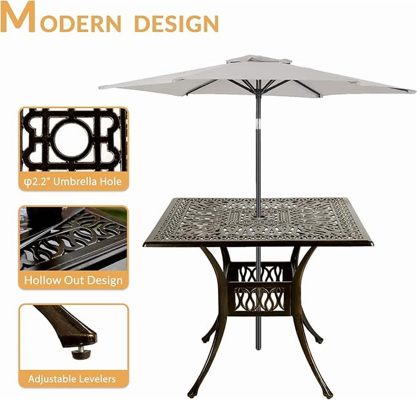 W WARMHOL 5-Piece Outdoor Patio Dining Set, All-Weather Cast Aluminum Patio Furniture Set for Backyard Garden Deck with 4 Chairs, 4 Cushions and 35.4” Square Table, 2.2" Umbrella Hole, Red