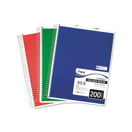 Spiral Notebook 5 Subjects, Medium/College Rule, Assorted Color Covers, 11 x 8, 200 Sheets