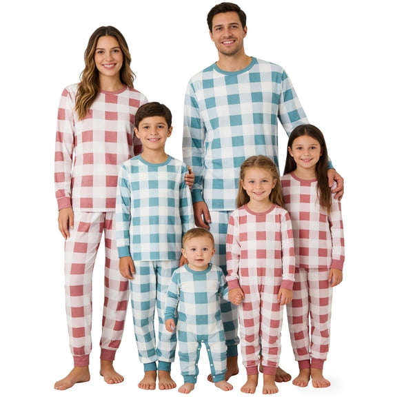 Family Pajamas Matching Set Long Sleeve T-shirt and Pants Plaid Sleepwear Set
