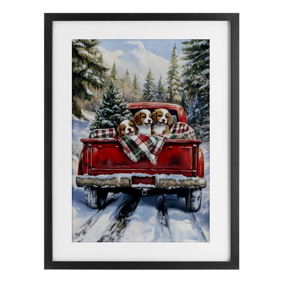 Christmas Truck Pups Trio Black Framed Print Under Glass, design by Petal Prints Design