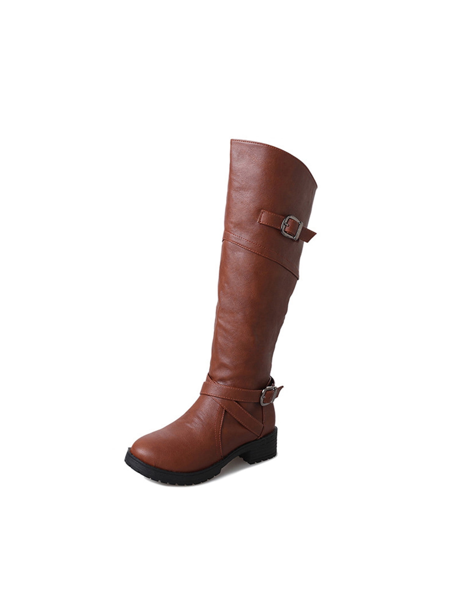 Womens Dressy Knee High Boots with Zipper Simple Round Toe Buckle Strap Platform Low Stacked Boots Womens Dressy Knee High Boots with Zipper Simple Round Toe Buckle Strap Platform Low Stacked Boots