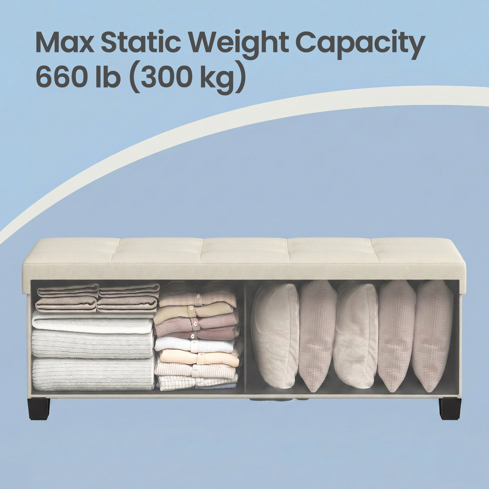 LEDREM 43" Storage Ottoman Bench with 660lb Capacity, End of Bed Bench, Folding Ottoman with Storage, Footrest, Cream White
