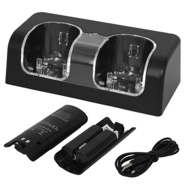Cargador de batería remoto Base de estación de carga dual con dos baterías recargables de mayor capacidad para el control remoto del juego Wii Ormromra 2033399-2
