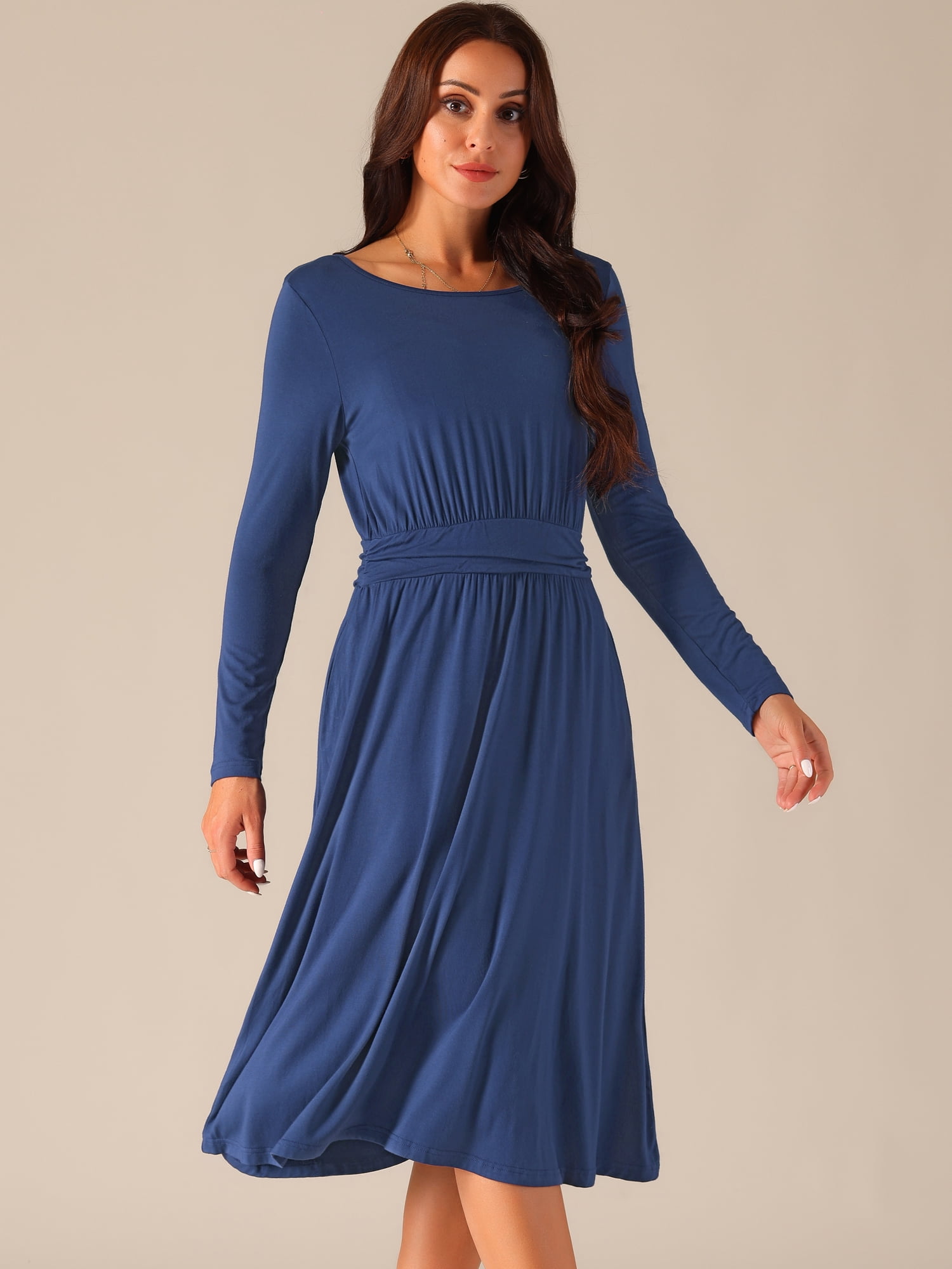 DARING DIVA Crew Neck Long Midi Sleeve Dress with Pockets S Deep Blue