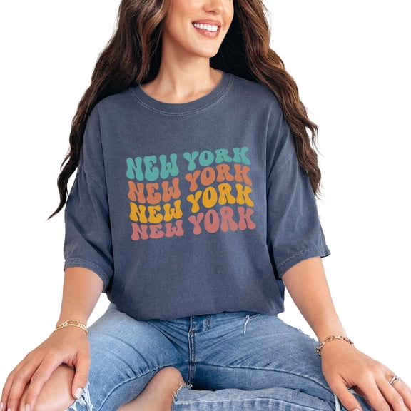New York, America or US State Themed, Groovy Retro Wavy Text, Denim Comfort Colors T-Shirt, Small