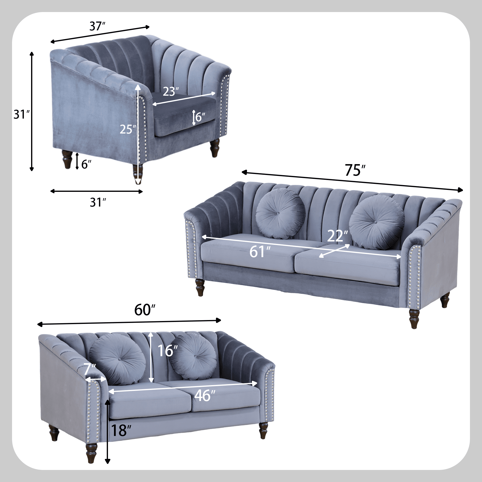 Aukfa 3 Seater Sofa Couch Set, Contemporary Living Room Sofa for Living Room Furniture Sets,Gray