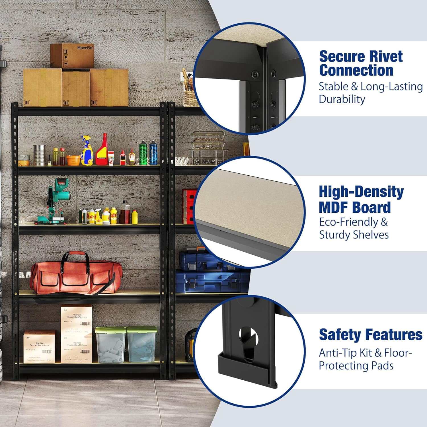 WORKPRO 2180 lbs 5-Tier Storage Shelf, 36"W x 12"D x 72"H, Heavy Duty Adjustable Garage Shelving Unit for Garage, Home, Pantry, Black