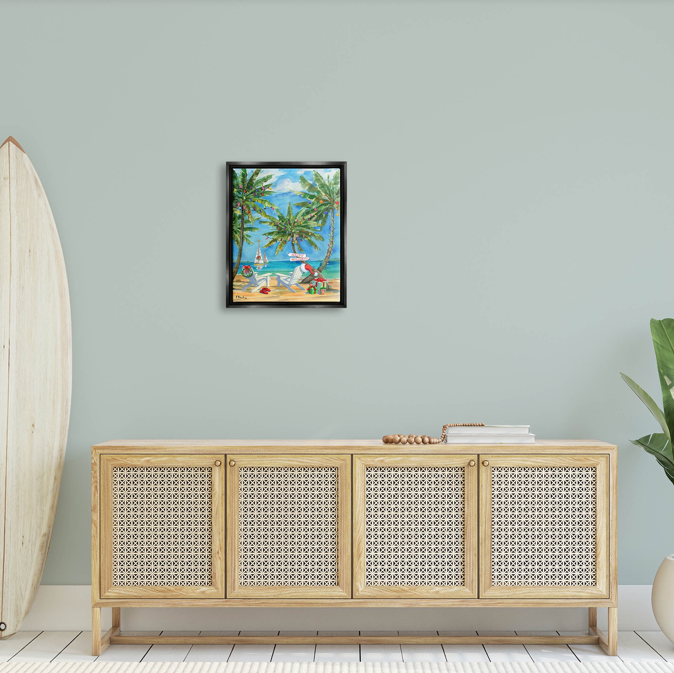 Stupell Industries Holiday Palms Warm Island Winter Painting Jet Black Floating Framed Canvas Print Wall Art, Design by Paul Brent