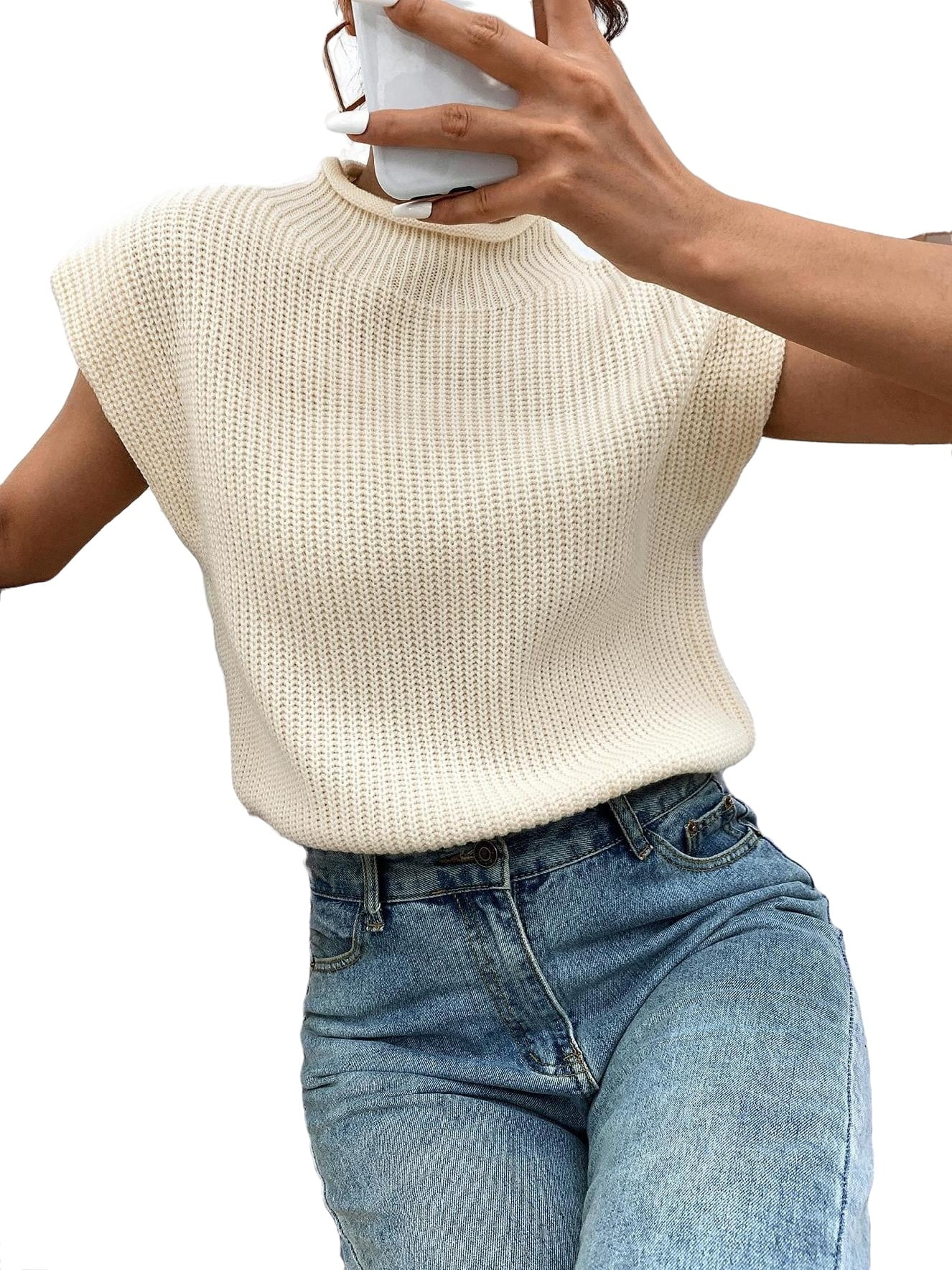 Womens Sweater Vests Casual Plain Stand Collar Apricot XS