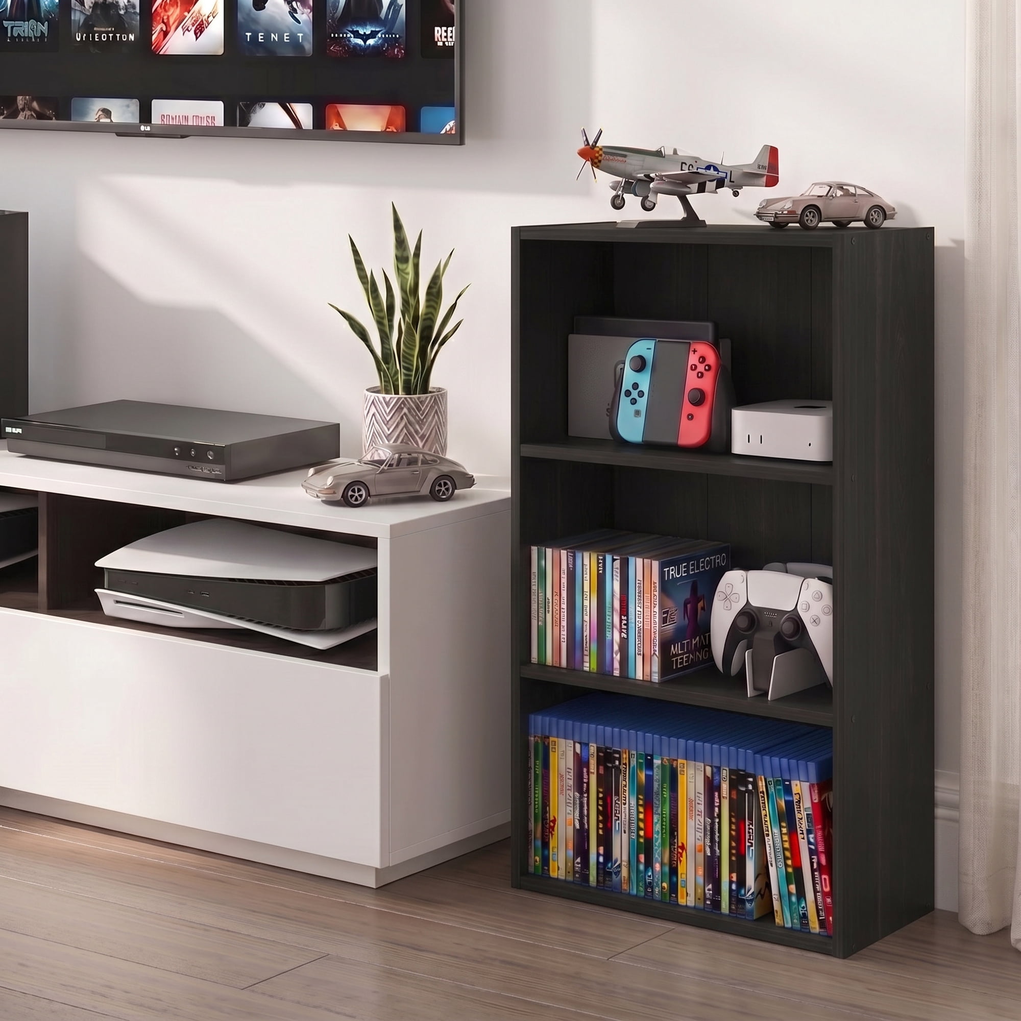 Furinno BASIC 3-Tier Media Storage Rack with Open Cube Shelves, 7 x 17 x 26 Inches, Espresso