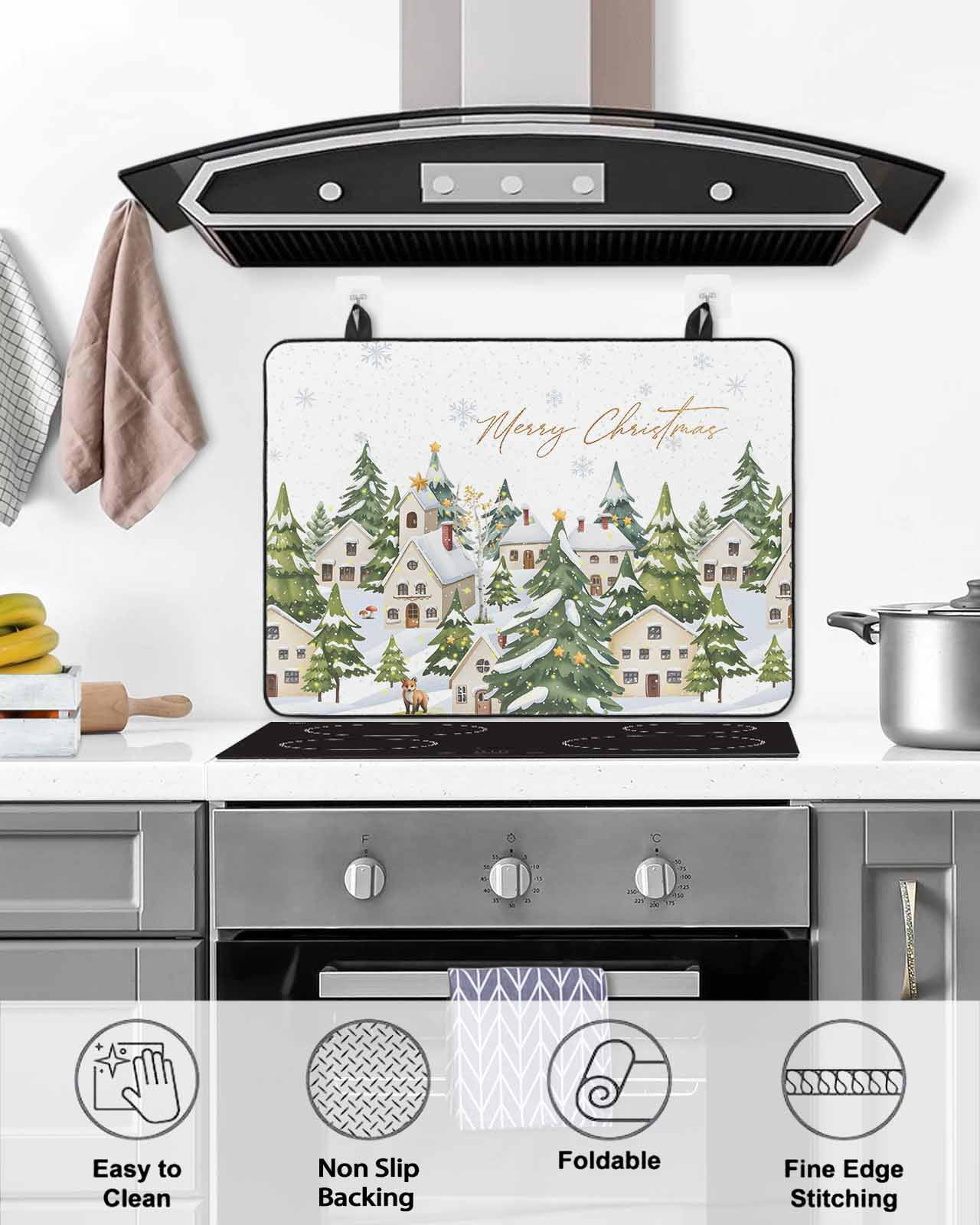 Large Induction Cooktop Protector Mat Christmas Stove Top Covers for Electric Stove, Winter Xmas Trees Snowflakes Country Cabin Decorative Stove Burner Cover Mats, Glass Top Stove Cover