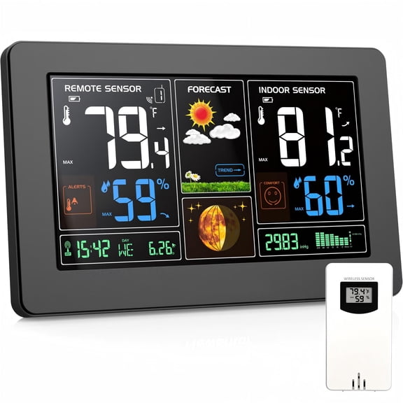 Avoben Weather Station Wireless Indoor Outdoor Thermometer, Color Display Digital Weather Thermometer with Atomic Clock, Barometric Pressure, Forecast Station with Adjustable Backlight, (Black)
