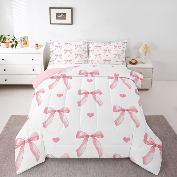 Erosebridal Pink Bow Tie Bedding Twin Comforter Set,Love Heart Down Comforter,Kawaii Bow Bedding Sets Twin with Comforter,Super Cozy Bowknot Bedroom Decorative,Reversible,3pcs