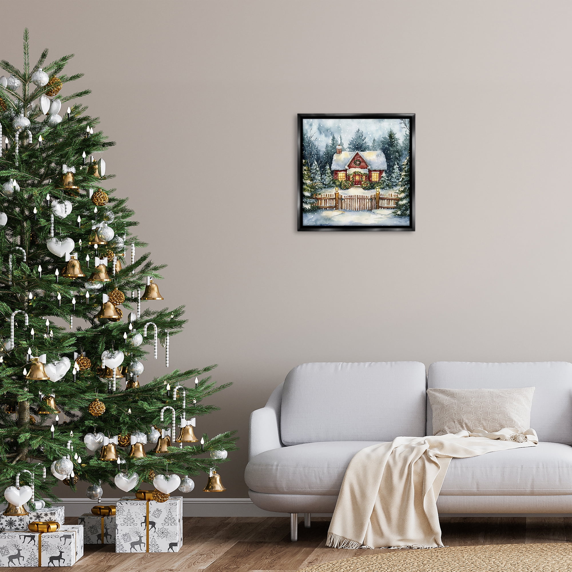Stupell Industries Scenic Winter Cottage Holiday Painting Black Floater Framed Canvas Art Prints Wall Art, 25 x 25