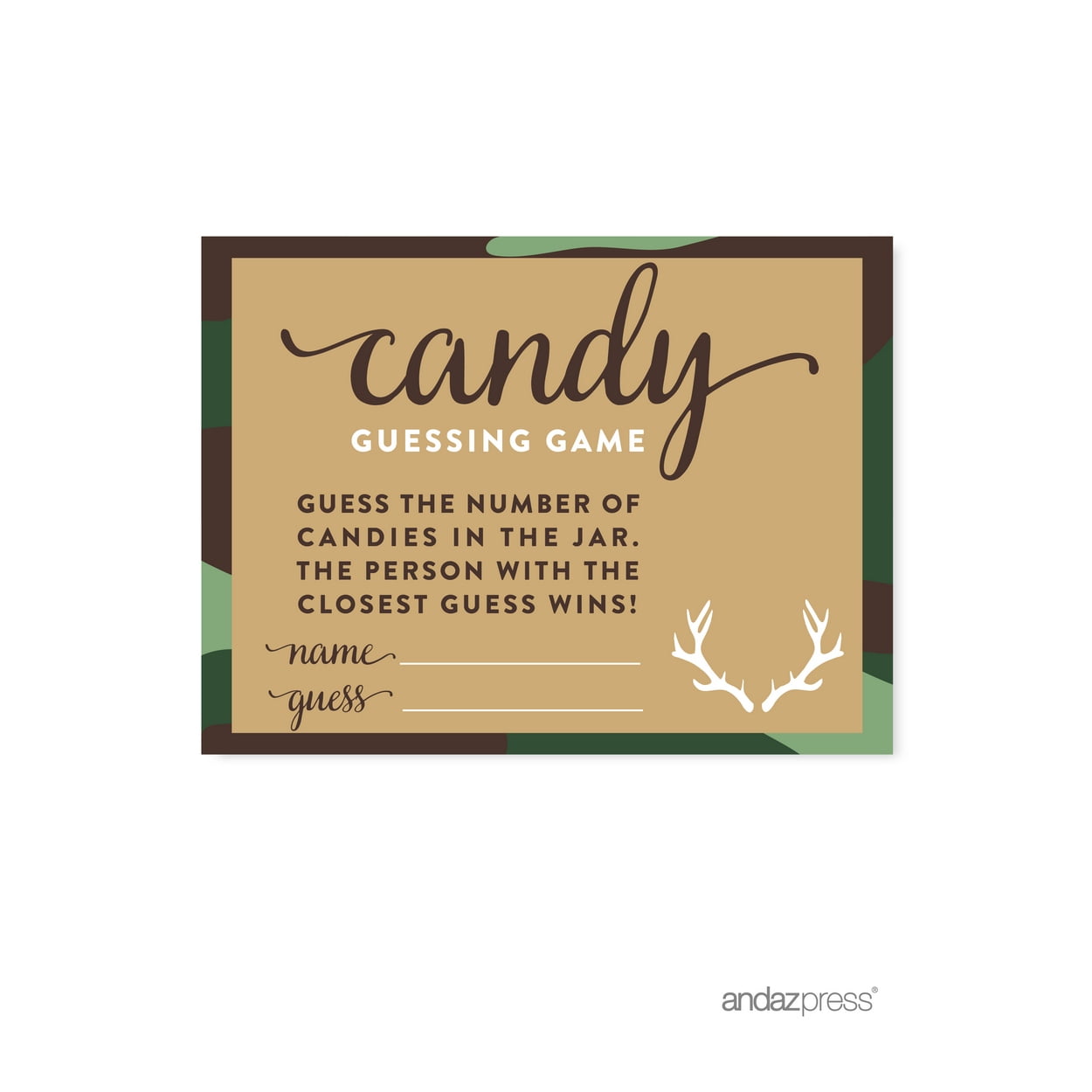 ANDAZ PRESS Candy Guessing Game Green Woodland Camouflage Boy Baby Shower Game, 30-Pack