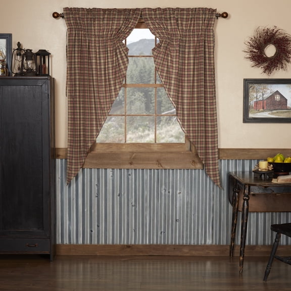 VHC Brands Crosswoods Plaid Cotton Primitive Curtains Rod Pocket Drawstring Ties Prairie Panel Pair, Natural Tan