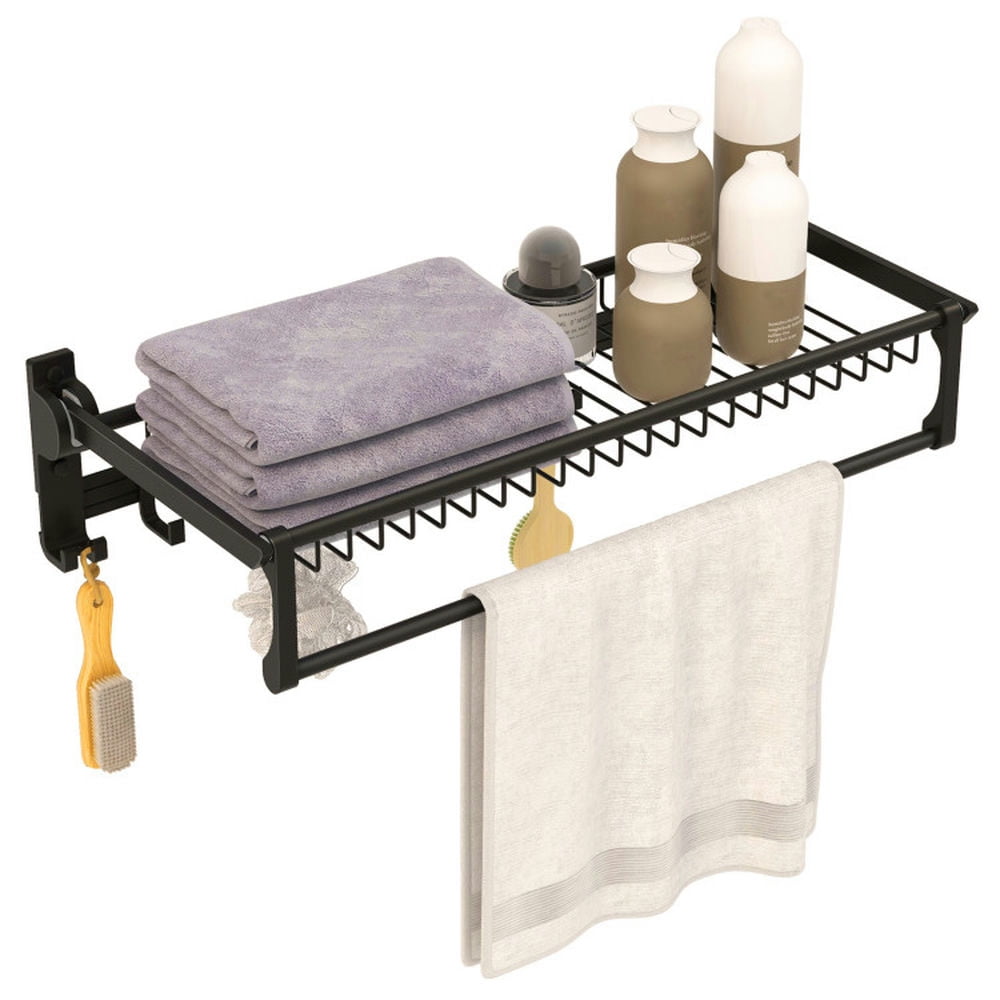Finihen Wall Mounted Towel Rack, Electric Heated Towel Rack, Wall Mounted Towel Shelf with Adjustable Towel Bar and Movable Hooks No Assembly Required, for Bathroom, laundry Room, Black