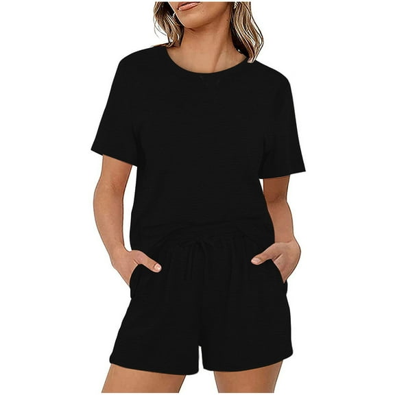 2026 ! JINMGG Two Piece Outfits Women, 2026 Fashion Fall Two-Piece Women's Summer Printed and Solid One Shoulder Top and with Pocket Shorts Set Suit Black XXL