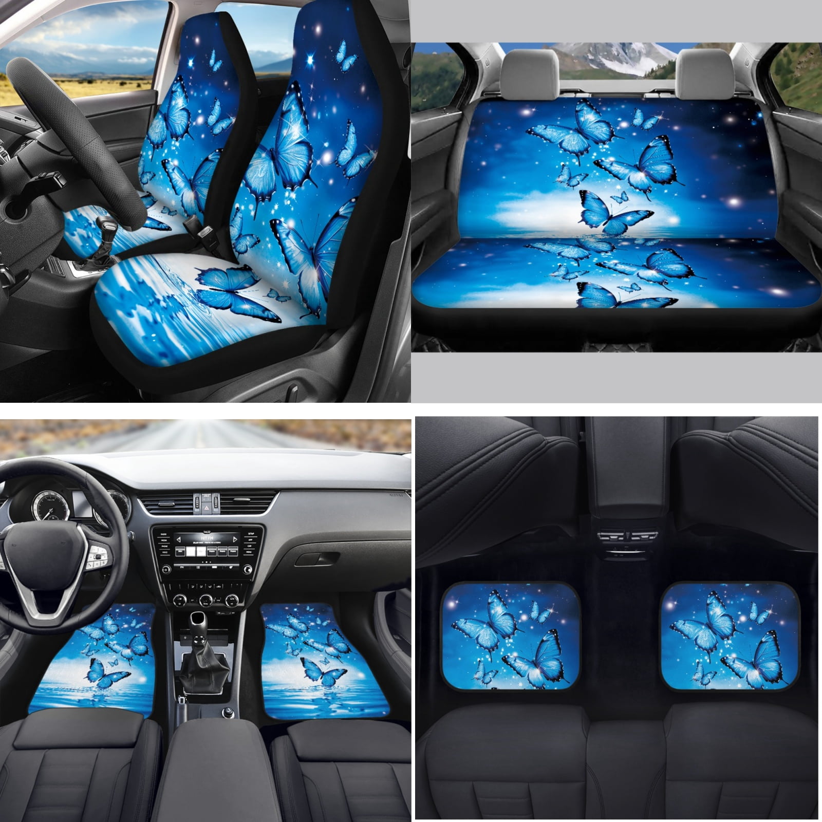 Yuyamidu 15pcs Blue Butterfly Car Seat Cover Split Cover Fashion Car Floor Mats Steering Wheel Cover Seatbelt Pads Auto Handbrake Cover Set Cup Coasters