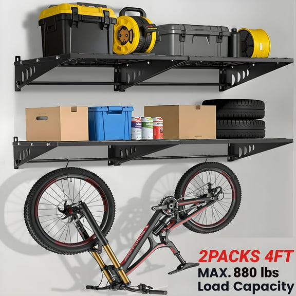 Garage Wall Shelves,ENJOYWOOD 2PACK 4FT 2 Tier Heavy Duty Garage Wall Shelving With Hooks,Wall Mounted Garage Shelf for Garage Storage Organization,Black