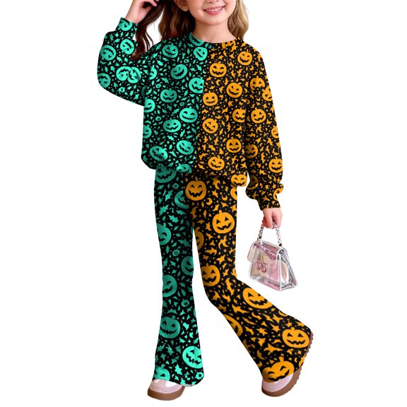 Grblisyd Girls 2 piece Outfits Long Sleeve Crew Neck Shirt and Flare Pants Set Halloween Trendy Fall Outfit Size 10-12 Years