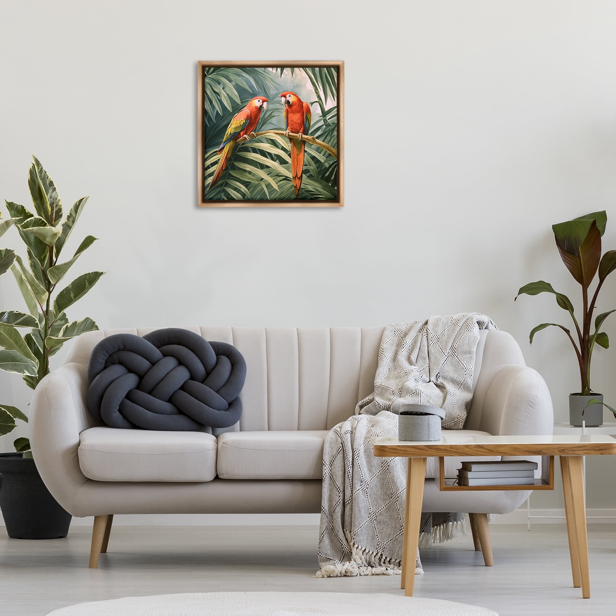 Stupell Industries Parrot Duo in Rainforest Animals Painting Brown Floater Framed Canvas Art Print Wall Art, 25 x 25