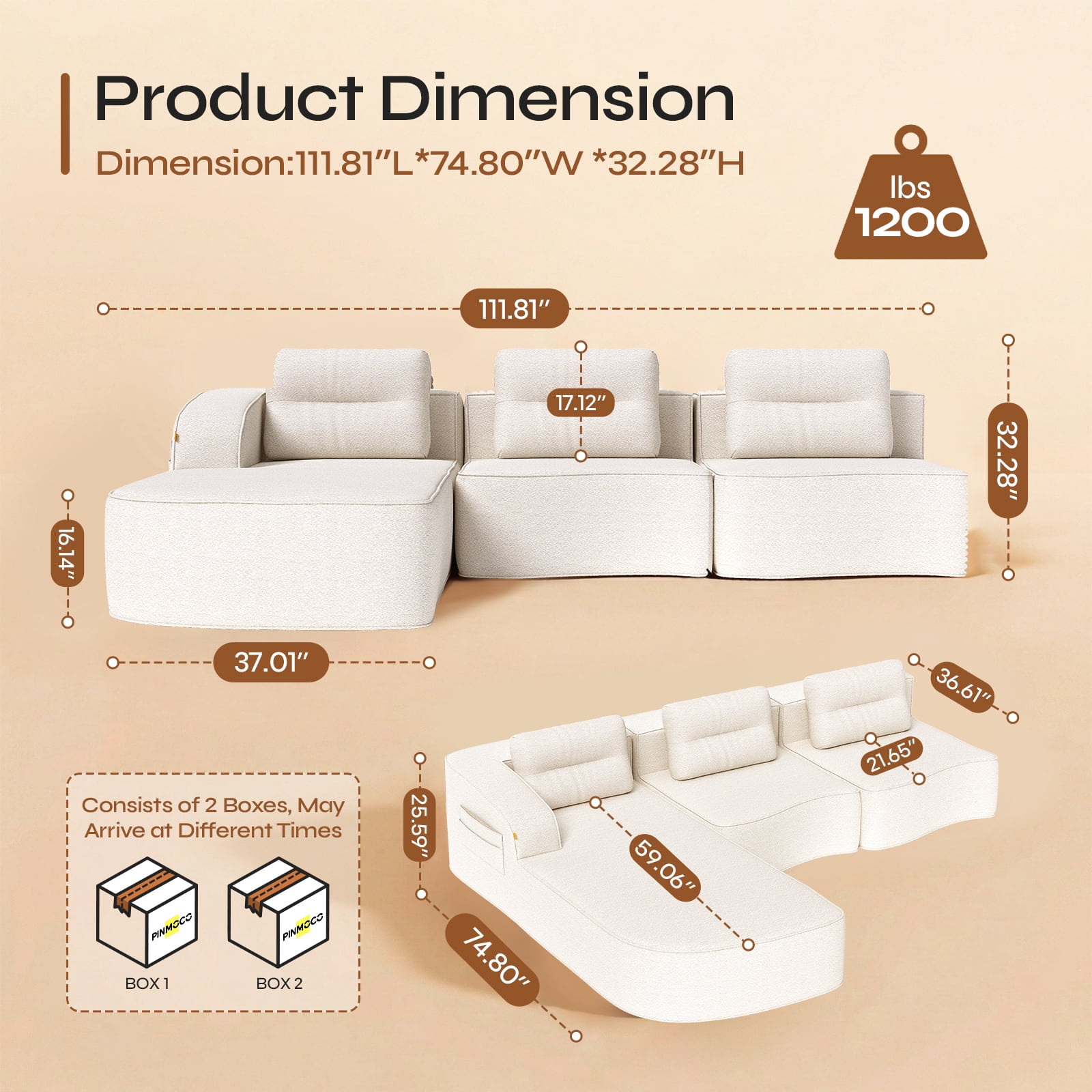 Pinmoco 111.8" Cloud Sectional Couch for Living Room, L-Shaped Modern Modular Couch with Deep Seat and Side Pockets, Upholstered Couches Boneless Sofa, No Assembly Required, Off White
