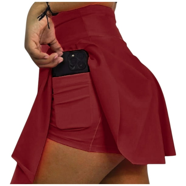 FALDA SHORT DEPORTIVA MUJER PARA TENIS, YOGA, FIT, GOLF, GYM, GIMNASIA, ATLETISMO, SENDERISMO, ACTIVIDADES AL AIRE LIBRE CON BOLSO INTEGRADO 2 EN 1 COLOR VINO TINTO