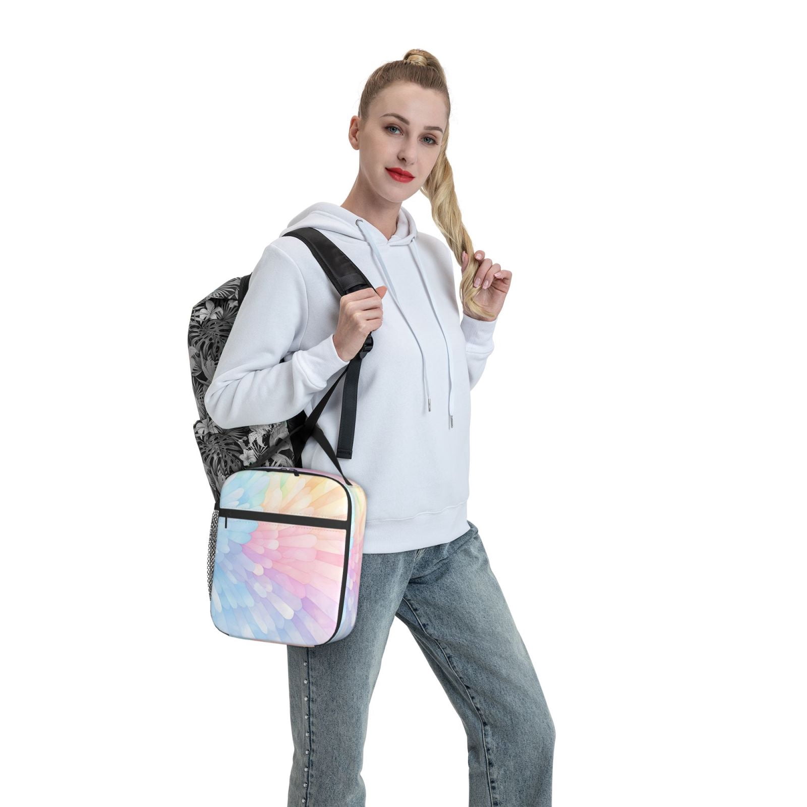 Lunch Bag For Women Men Insulated Portable Lunch Box Bento Box Office Picnic Travel Cooler Bag Gray Tie-Dye Background Rainbow Colors_4